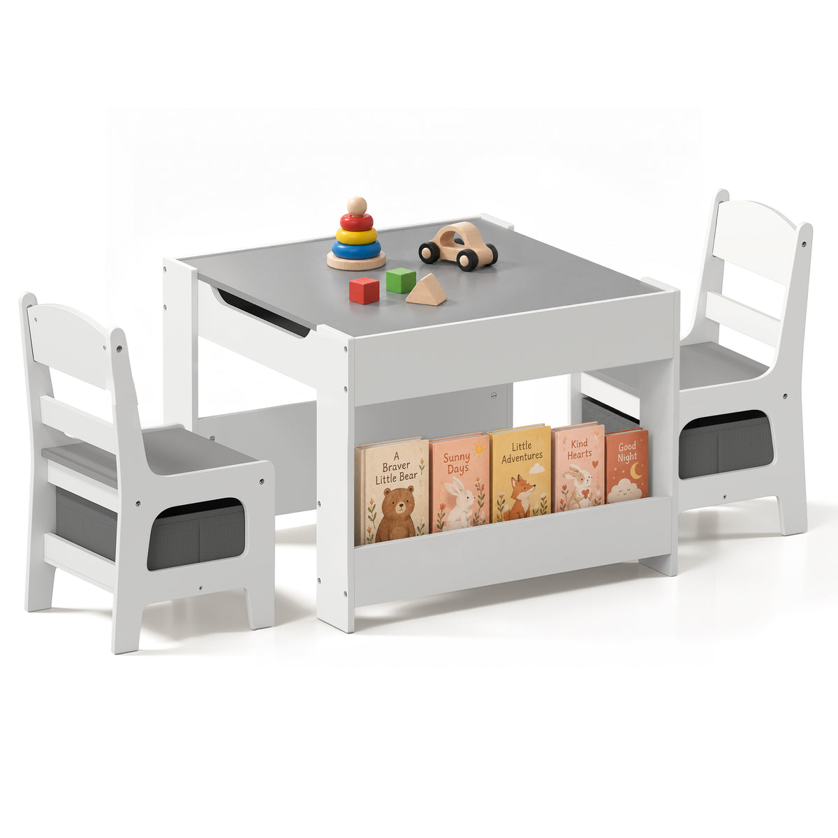LINLUX Kids Table and Chair Set, Wooden Table Set for Kids, Child Activity Desk W/ Bookshelf, Grey