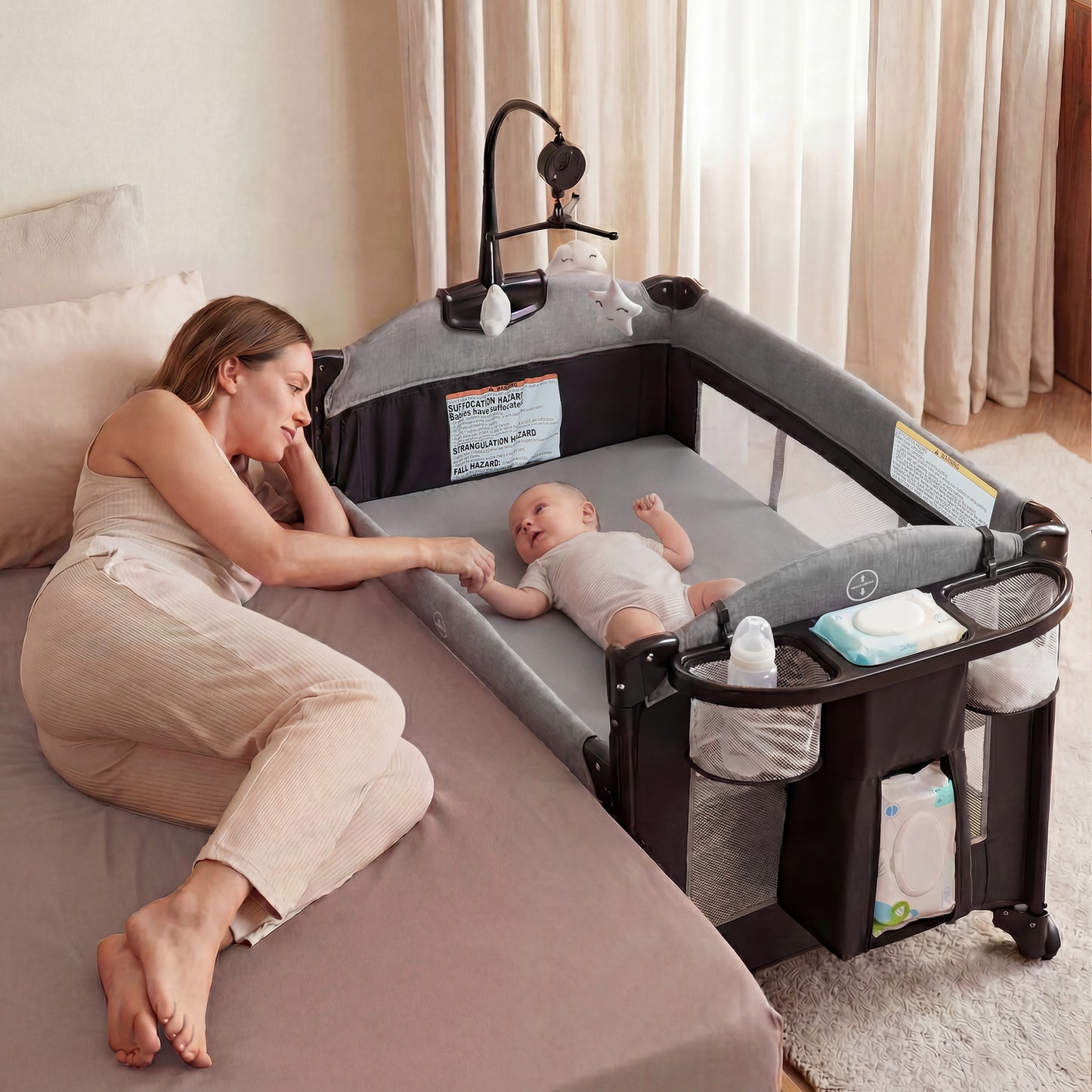 LINLUX Foldable Baby Bedside Crib Bassinet, Infant Pack and Play Playard, Newborn Playpen Changing Table,Gray