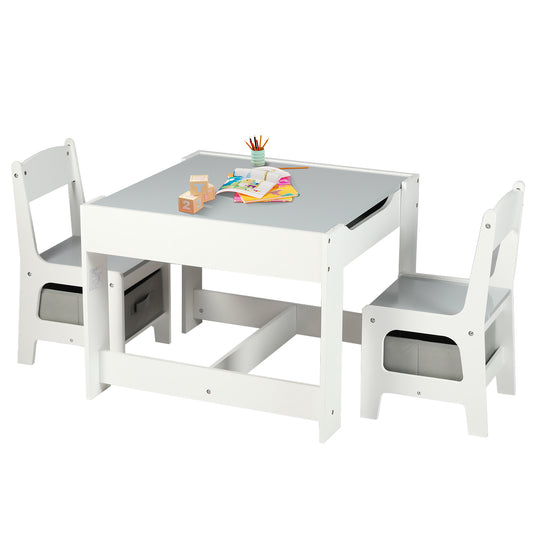 3 in 1 Kids Wood Table & 2 Chairs Set, Children Activity Table w/Storage, Grey