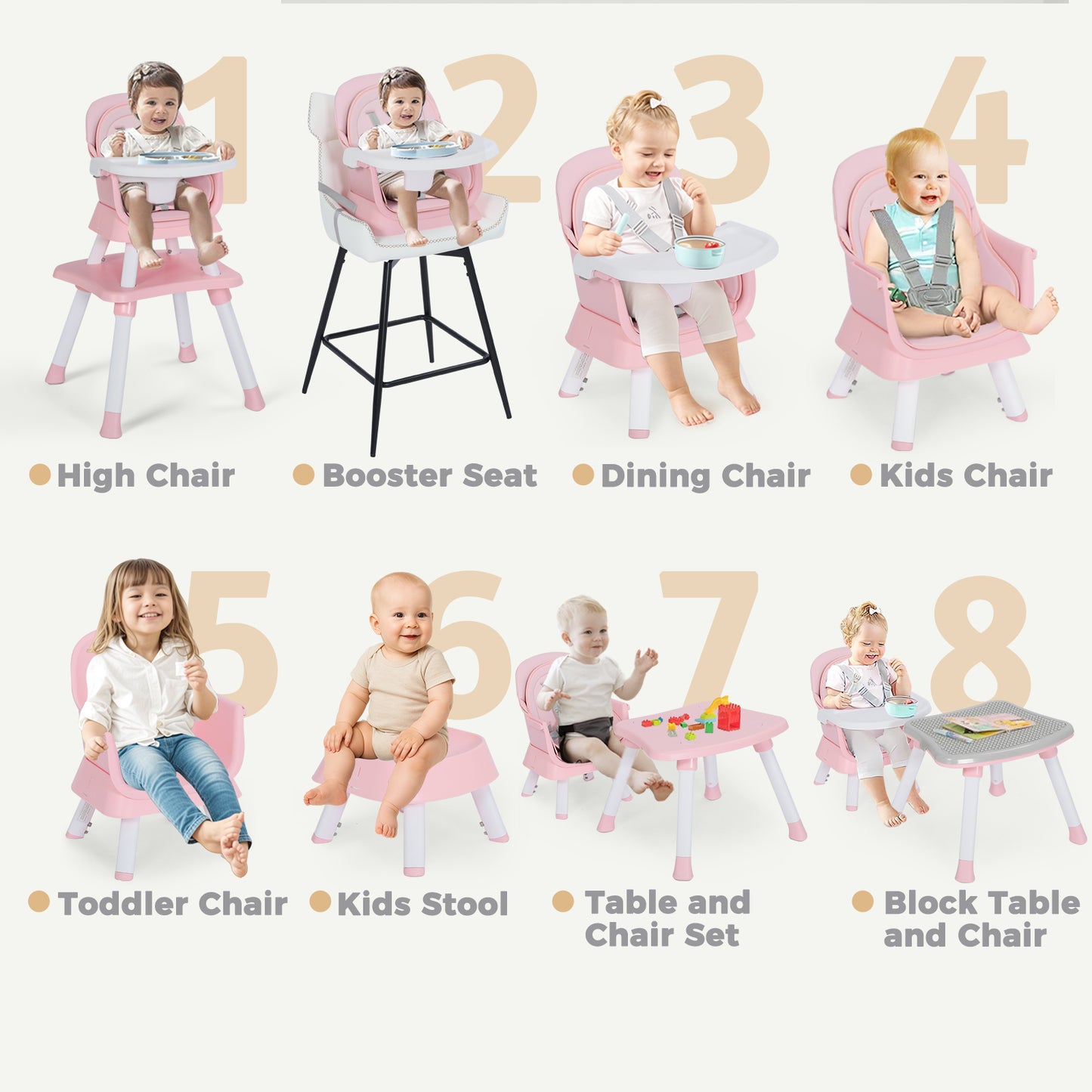 AILEEKISS 8 in 1 Baby High Chair, Toddler Dining Booster Seat for Eating, Pink White