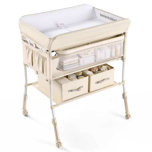 AILEEKISS Baby Diaper Changing Table, Waterproof Folding Changing Station with 2 Drawers, Beige