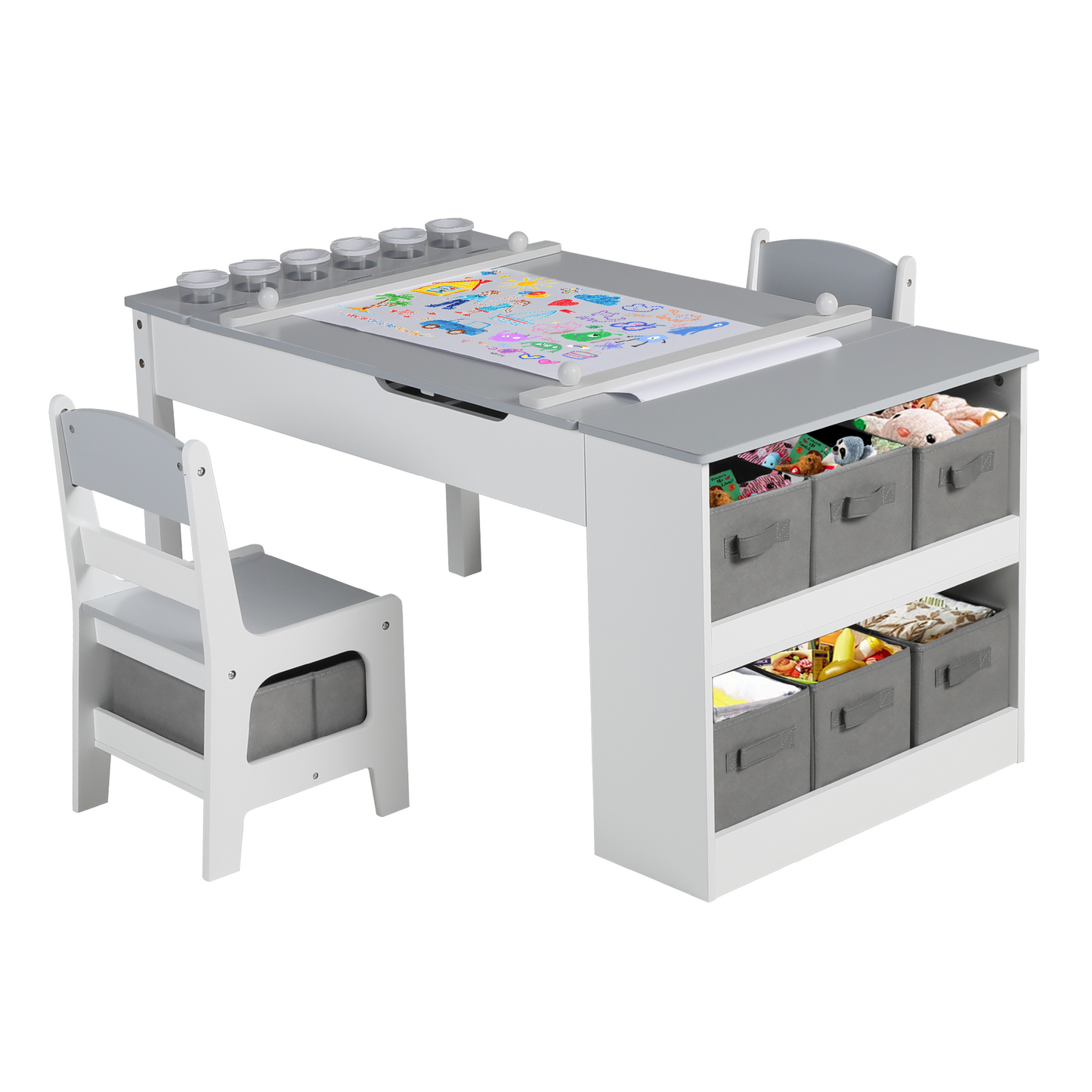 LINLUX 3 in 1 Kid Table & Chair Set Drawing, Child Activity Table, Kids Table Set Painting, Gray