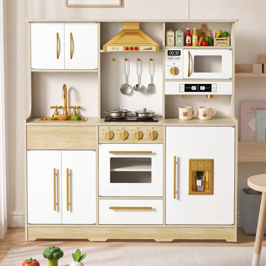 LINLUX Wooden Kids Kitchen Playset, Interactive Kitchen Toy with Sounds, Ice Maker & Oven, Natural