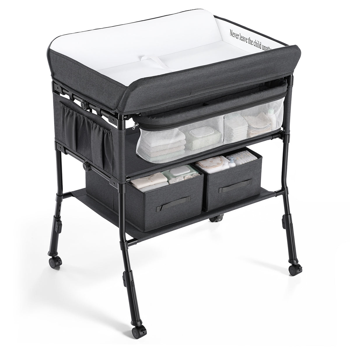 AILEEKISS Baby Diaper Changing Table, Waterproof Folding Changing Station with 2 Drawers, Black Grey