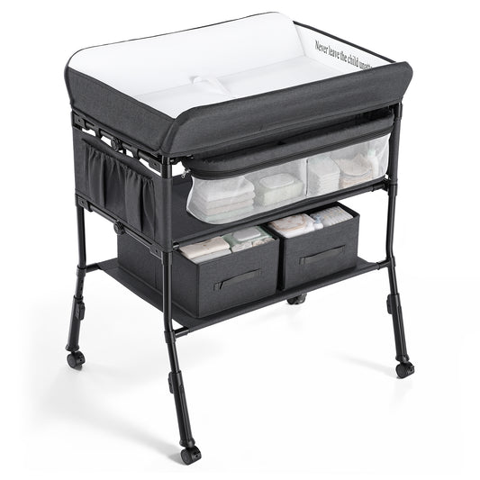 AILEEKISS Baby Diaper Changing Table, Waterproof Folding Changing Station with 2 Drawers, Black Grey
