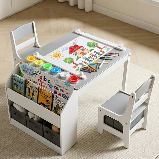 LINLUX Kids Table and Chairs Set, Kids Art Desk with Storage and Bookshelf for Drawing, Play, Learning, Gray