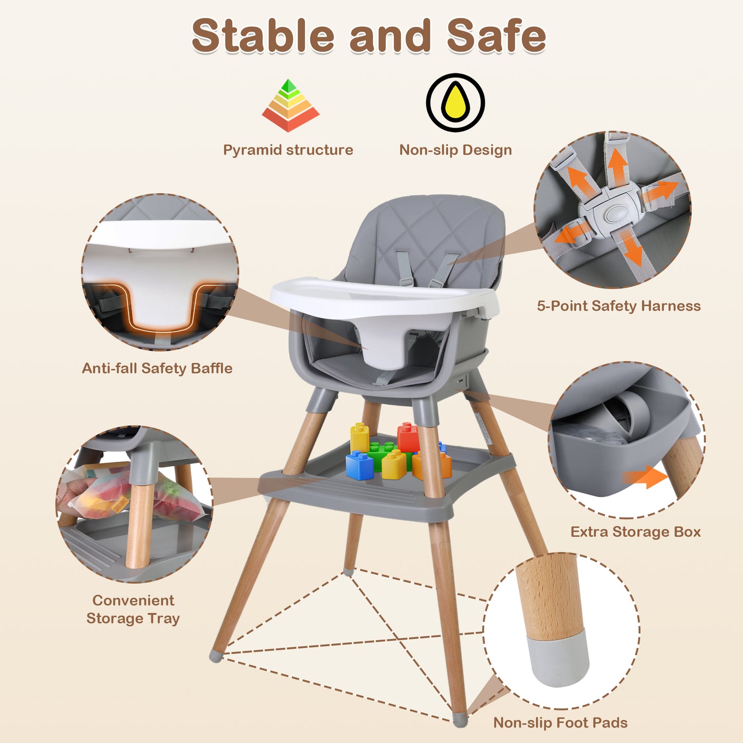 7 in 1 Wooden Baby High Chair Infant Feeding Chair with Removable Tray