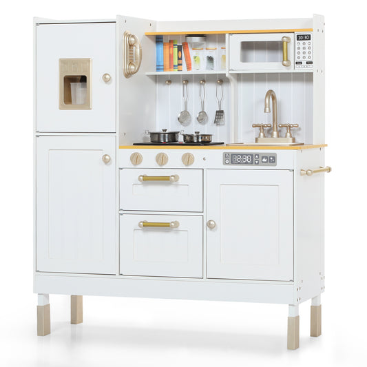 AILEEKISS Wood Kids Play Kitchen, Pretend Toy Kitchen Playset for Children with Sounds, White