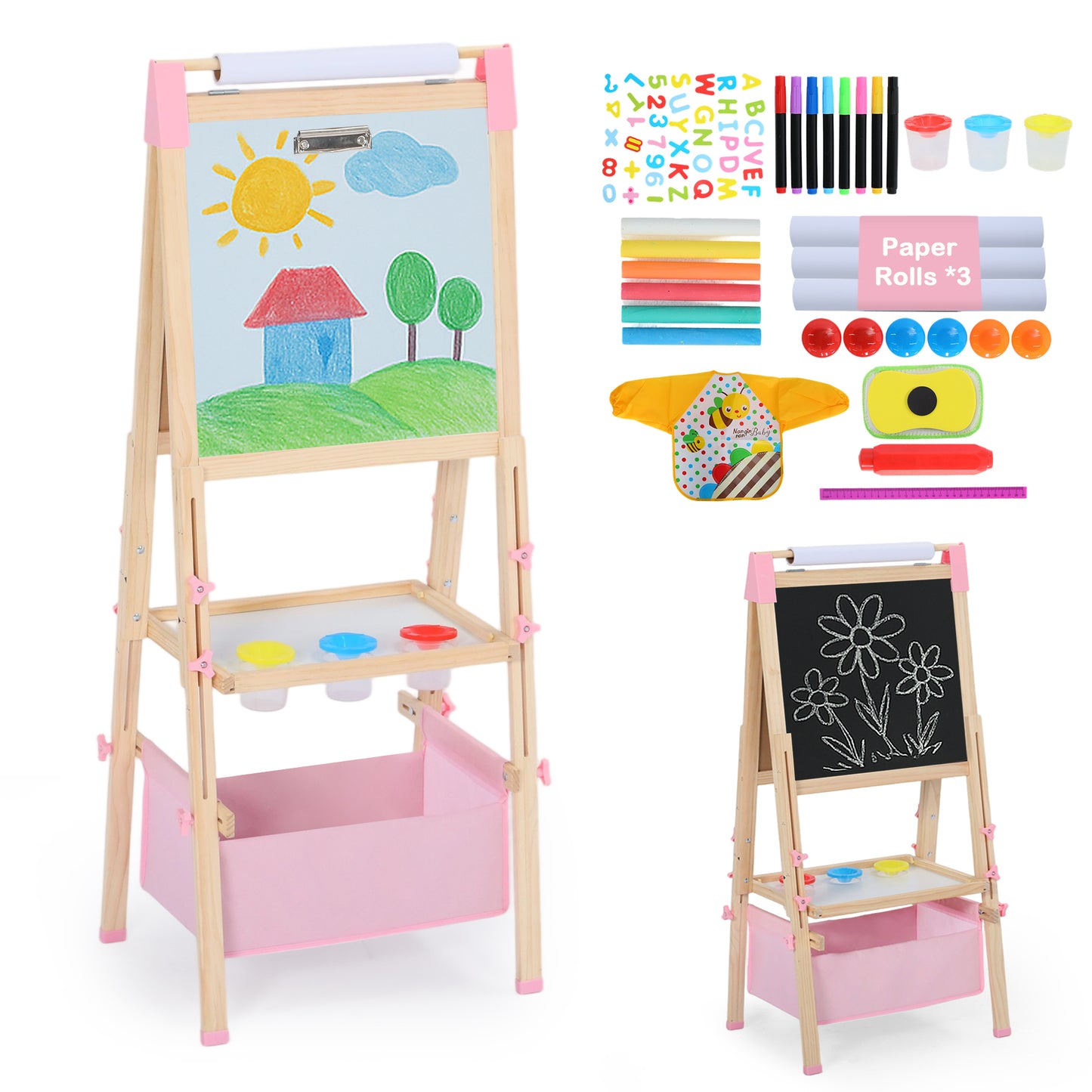 LINLUX Double-Sided Art Easel for Kids, 3 in 1 Wooden Kids Easel w/Paper Roller & Art Supplies, Pink