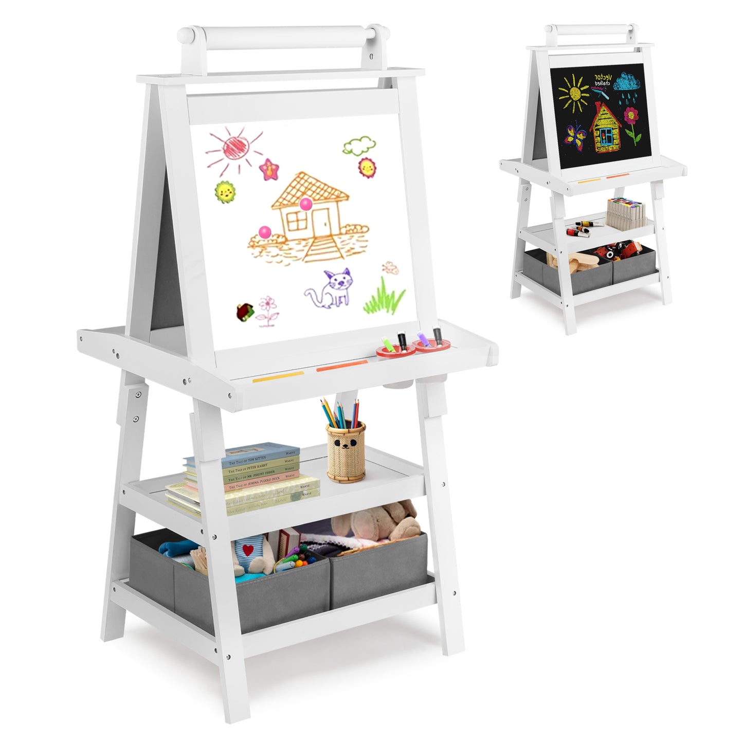 3 in 1 Kids Art Easel Double-Sided Magnetic Whiteboard Chalkboard Paper Roller, White