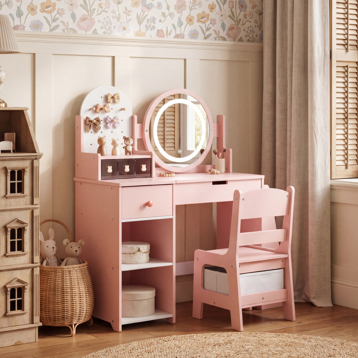 AILEEKISS Vanity Table Set with Drawers, Pretend Play Makeup Table with Storage Shelf, Pink