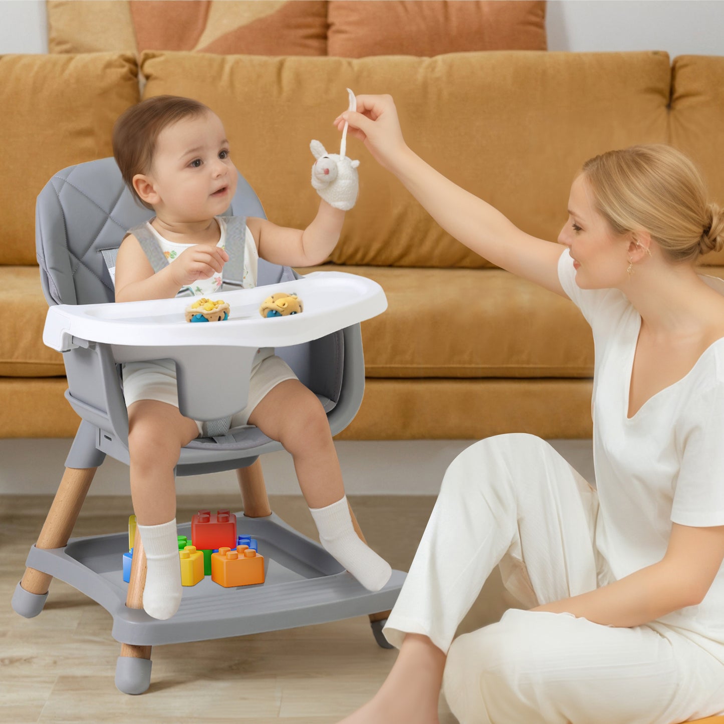 7 in 1 Wooden Baby High Chair Infant Feeding Chair with Removable Tray