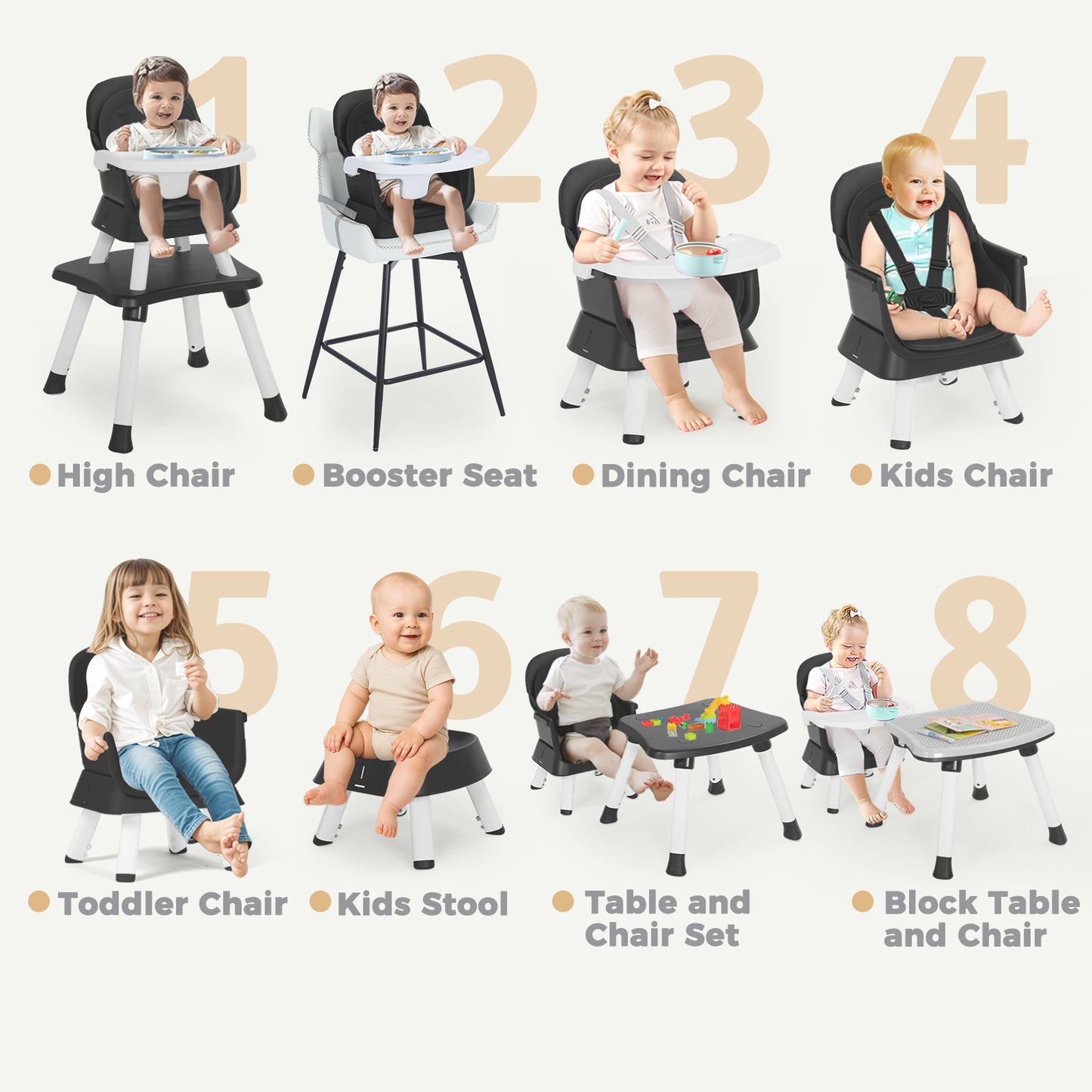 AILEEKISS 8 in 1 Baby High Chair, Toddler Dining Booster Seat for Eating, Black