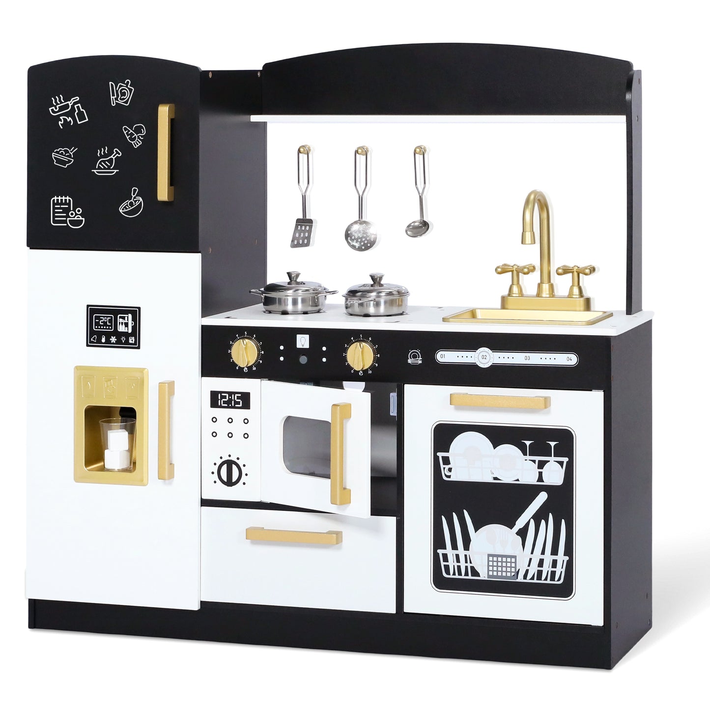 LINLUX Pretend Kids Play Kitchen, Toy Kitchen Playset for Toddler, Wood Kitchen Sets Baby, Black