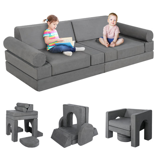 9 Pcs Kids Sofa Couch Playset, Baby Play Couch Imaginative Furniture for Toddler, Grey