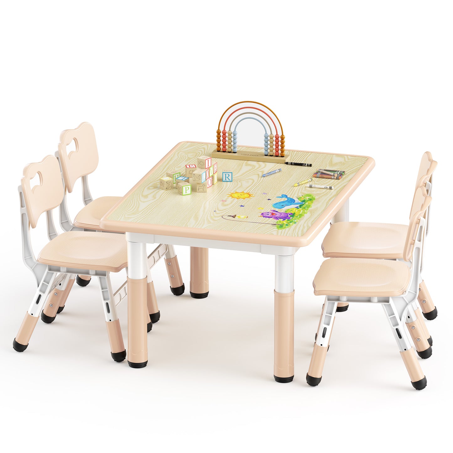 LINLUX Kids Table and 4 Chairs Set, Height Adjustable Table & Chairs, Spacious Activity Table for Toddlers, Beige