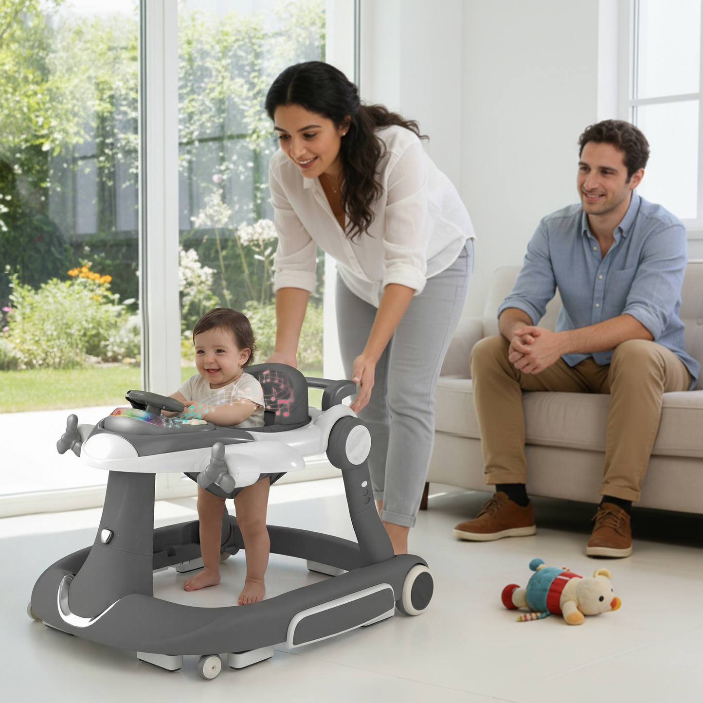 AILEEKISS 5-in-1 Musical Baby Walker with Wheels, Foldable Baby Walker for Boys Girls, Gray