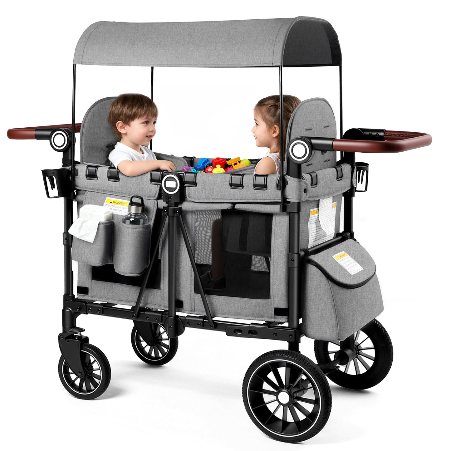 LINLUX 2 Kids Wagon Stroller, Foldable Outdoor 2-Seat Stroller Wagon, Removable Canopy, 55 Pound, Gray