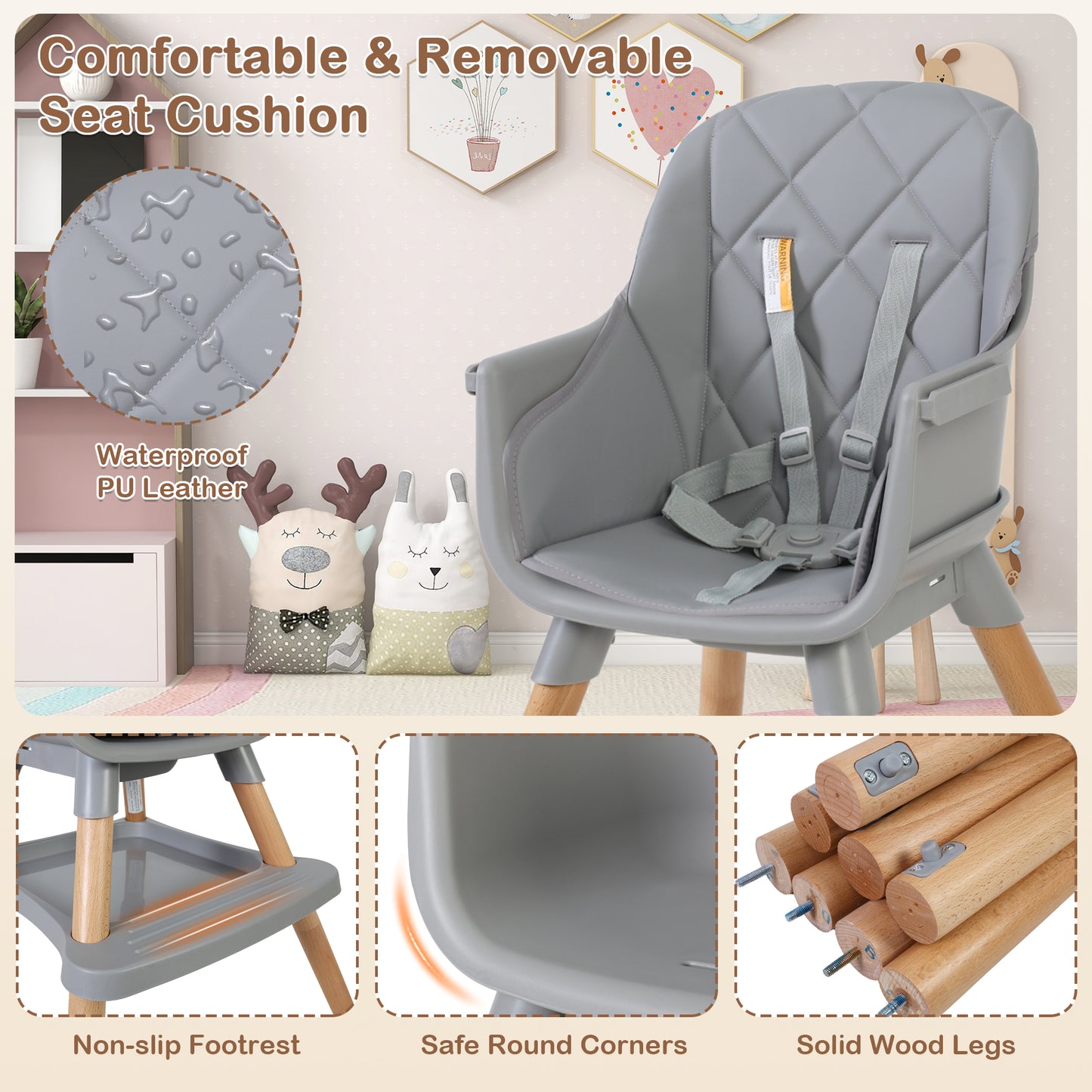 7 in 1 Wooden Baby High Chair Infant Feeding Chair with Removable Tray