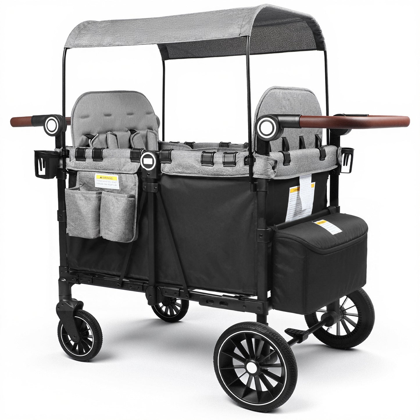 LINLUX Wagon Stroller for 4 Kids, Stroller Wagon 4 Seats w/Adjustable Handle, Detachable Tray, Black & Gray