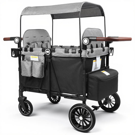 LINLUX Wagon Stroller for 4 Kids, Stroller Wagon 4 Seats w/Adjustable Handle, Detachable Tray, Black & Gray