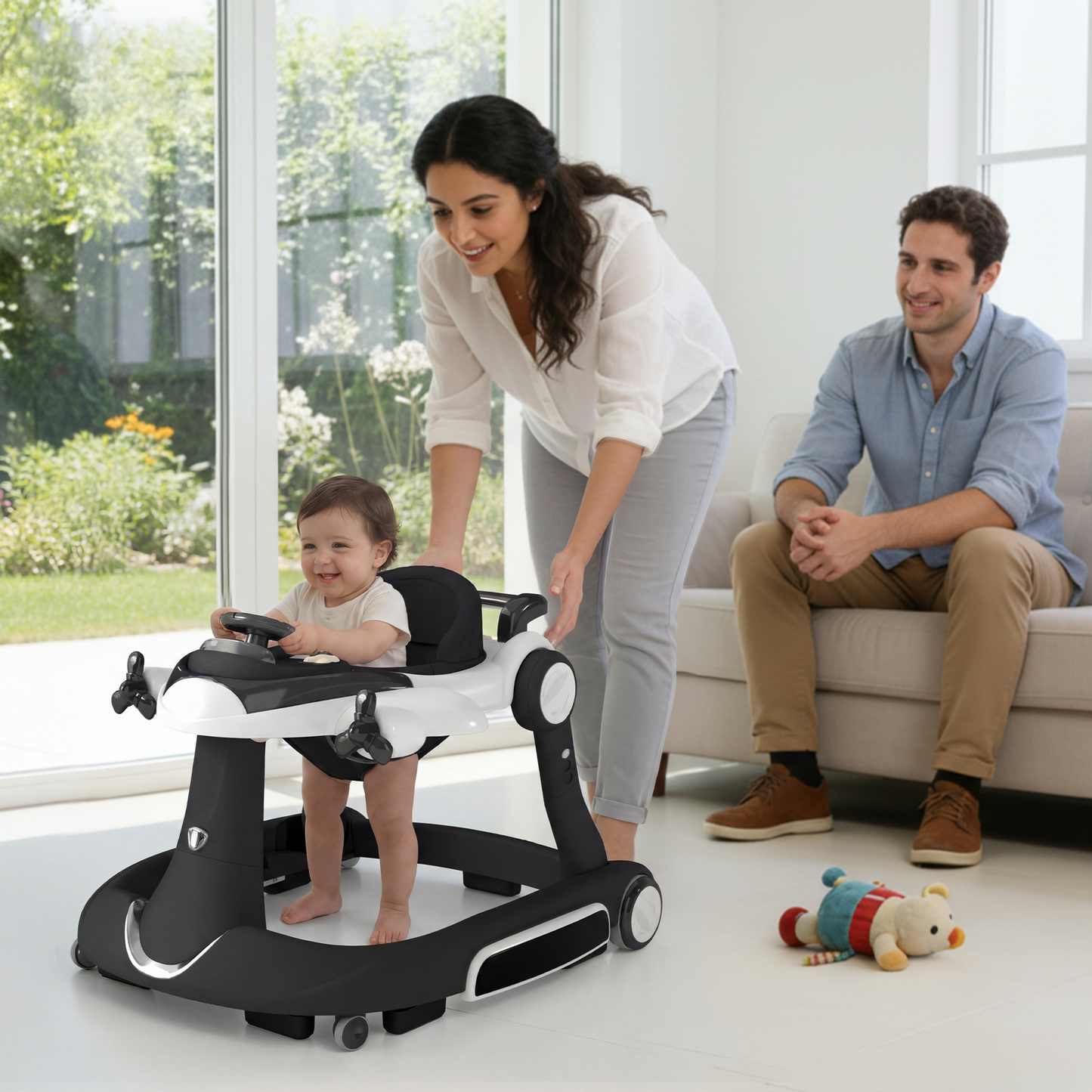 AILEEKISS 5-in-1 Musical Baby Walker with Wheels, Foldable Baby Walker for Boys Girls, Black