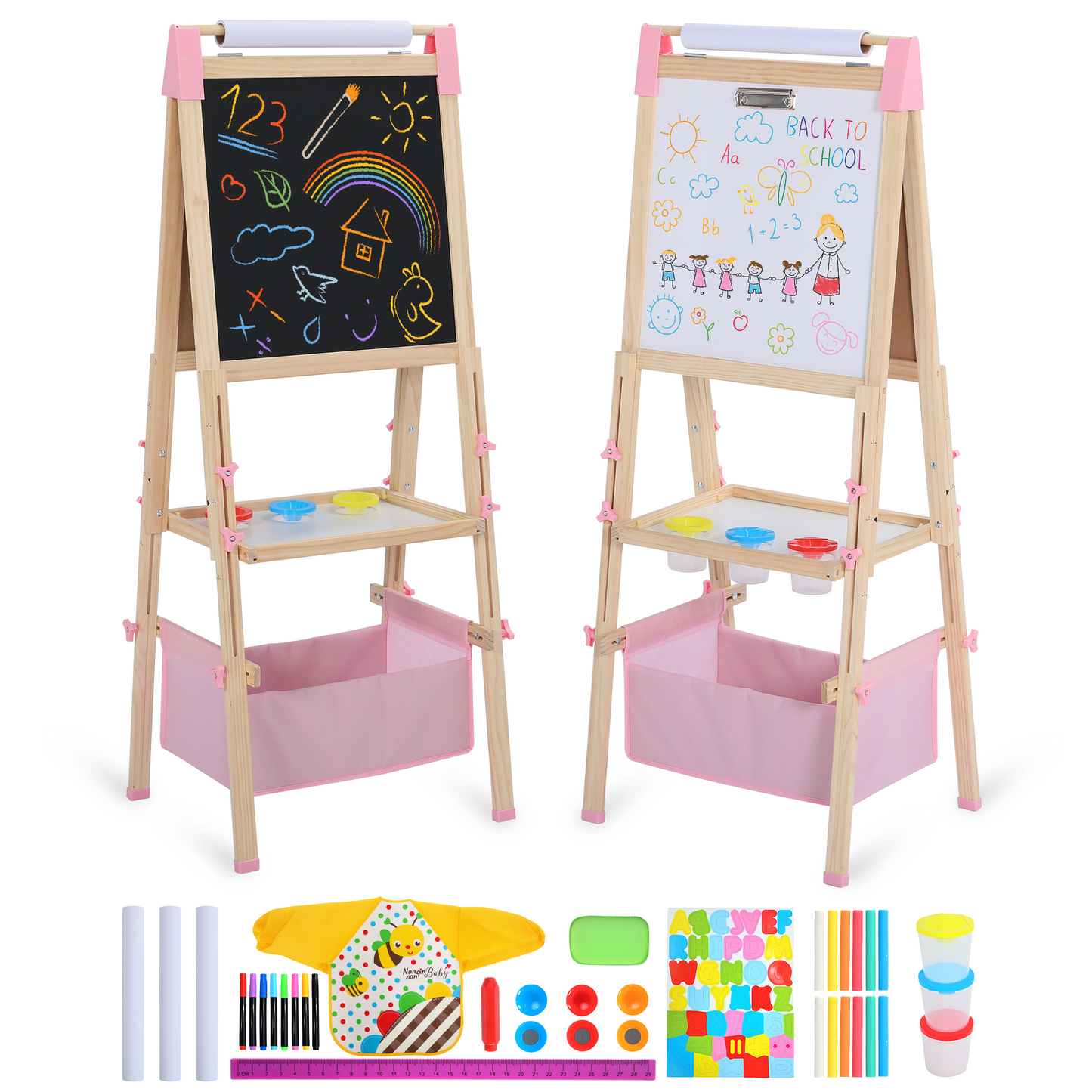 AILEEKISS Kids Art Easel Double-Sided Art Easel with Whiteboard and Chalkboard for Painting Pink