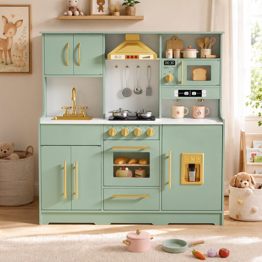 LINLUX Wooden Kids Kitchen Playset, Interactive Kitchen Toy with Sounds, Ice Maker & Oven, Green