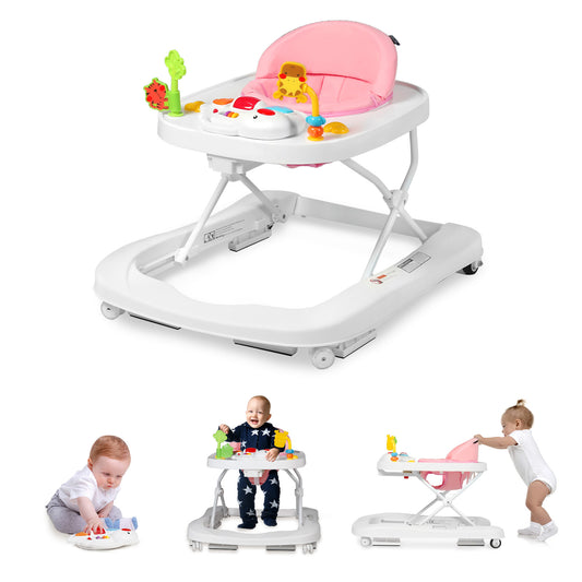 2 in 1 Folding Baby Walker Adjustable Height & Speed, Kids Baby Walker with Wheels & Music Toys, Pink