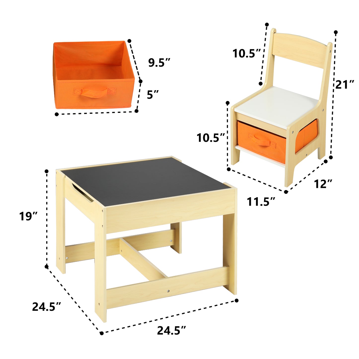 3 in 1 Kids Wood Table & 2 Chairs Set Children Activity Table w/Storage, Natural