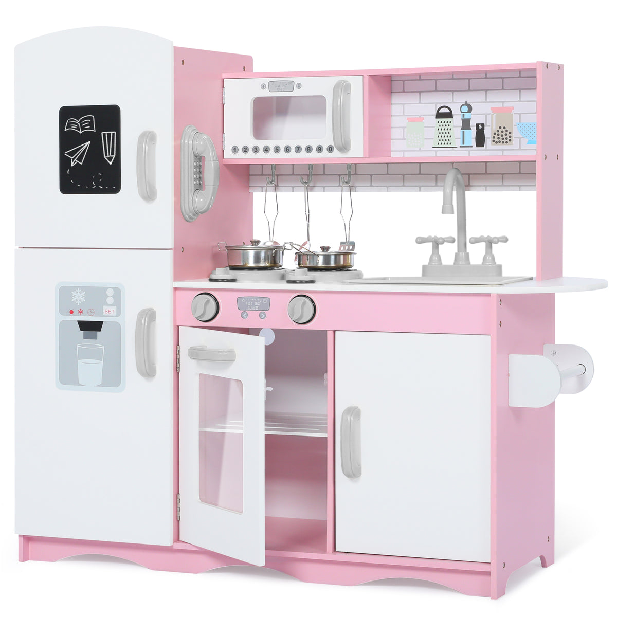 LINLUX Wooden Kids Play Kitchen Set,Pretend Kitchen with Sound & Light Cooktop,Sink & Accessories,Pink