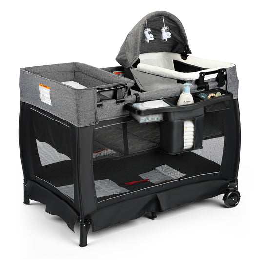 AILEEKISS 3-in-1 Foldable Baby Playard with Bassinet and Changing Table for Newborn, Black