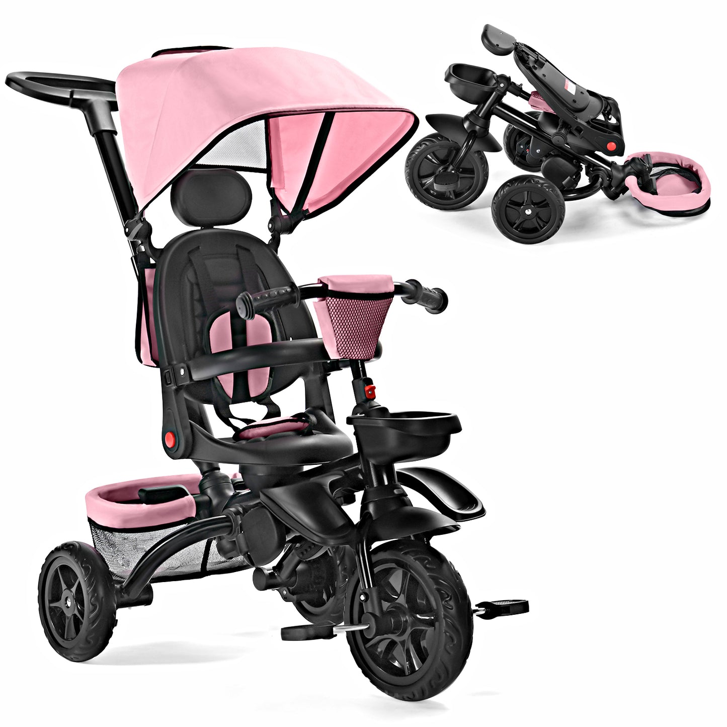 AILEEKISS Folding Kids' Tricycle, 8 IN1 Baby Trike W/Removable Canpoy&Parental Push Rod, Toddler Bike Stroller for Kids 1-5 Years, Pink