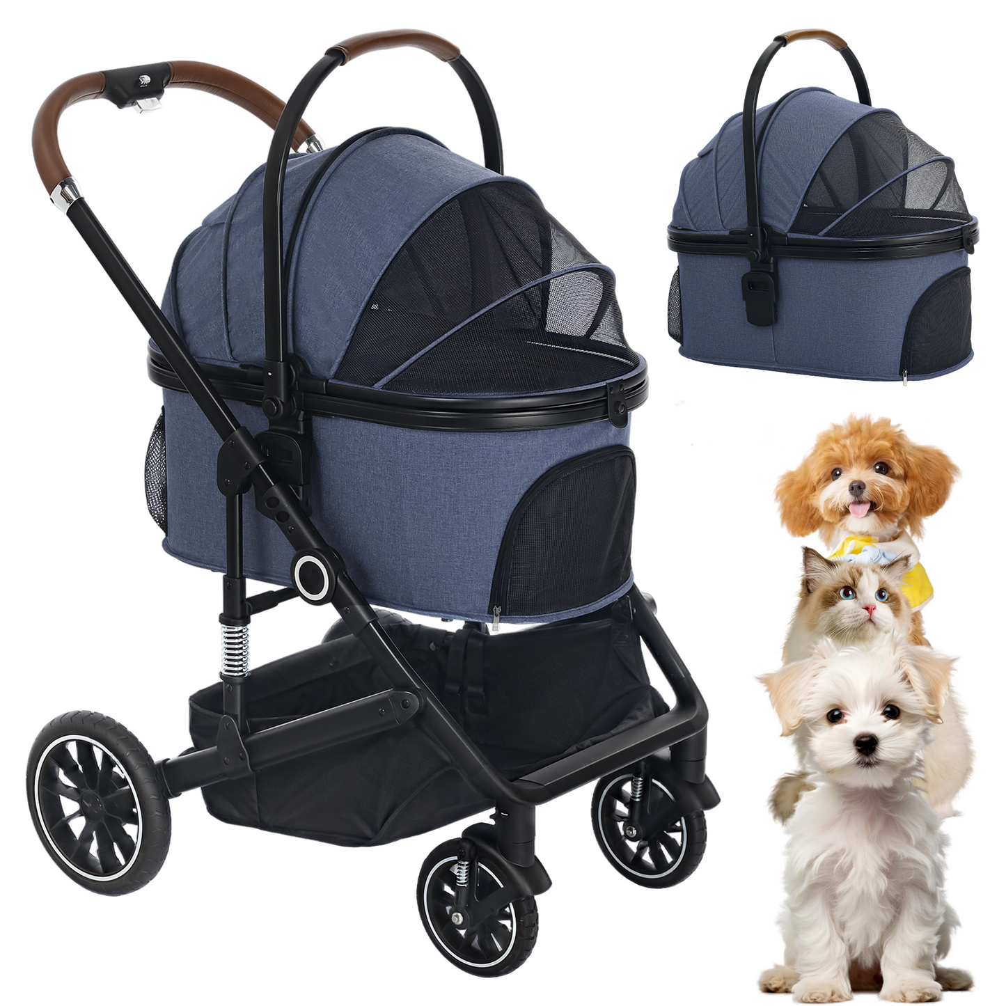 AILEEKISS 4-Wheeled Pet Stroller, Folding Cat and Dog Stroller with Brake, Up to 58 LBS, Blue