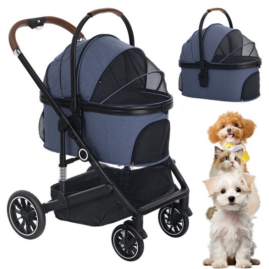 AILEEKISS 4-Wheeled Pet Stroller, Folding Cat and Dog Stroller with Brake, Up to 58 LBS, Blue