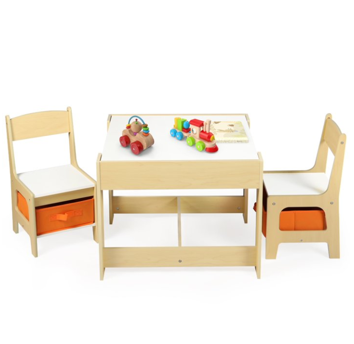 LINLUX Kids Table and 2 Chairs Set, Children Activity Table Chairs with Chalkboard/Whiteboard, Natural