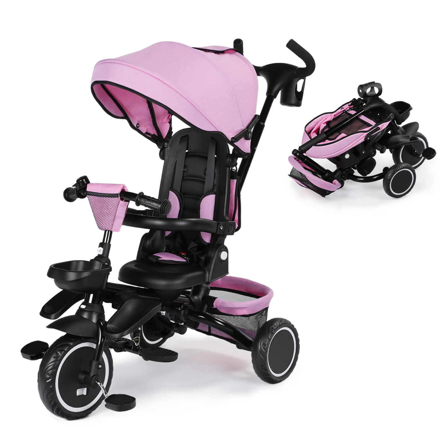 LINLUX 8 in 1 Kids Tricycle, Folding Toddler Trike with Push Handle, Tricycle for Kids, Pink