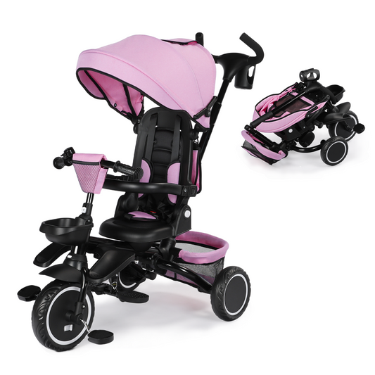 LINLUX 8 in 1 Kids Tricycle, Folding Toddler Trike with Push Handle, Tricycle for Kids, Pink