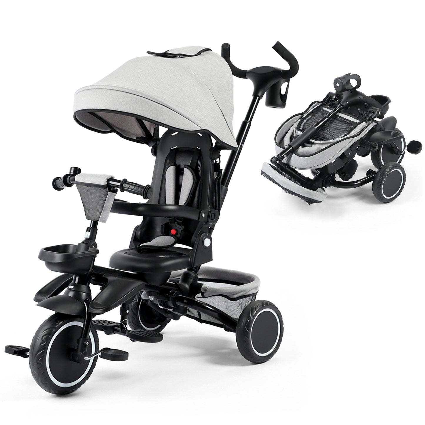 LINLUX 8 in 1 Kids Tricycle, Folding Toddler Trike with Push Handle, Tricycle for Kids, Light Gray