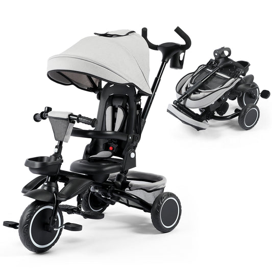 LINLUX 8 in 1 Kids Tricycle, Folding Toddler Trike with Push Handle, Tricycle for Kids, Light Gray