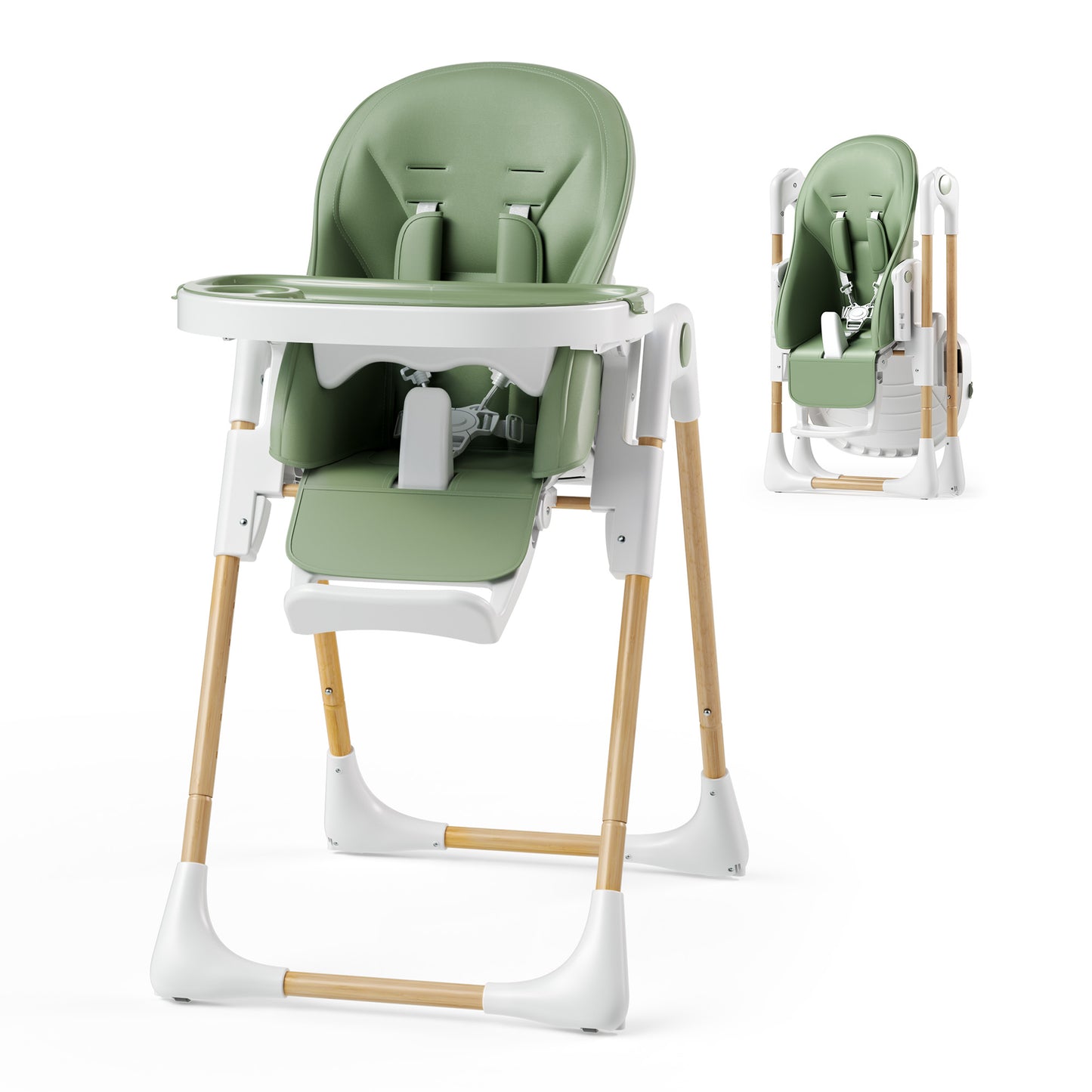 LINLUX Foldable High Chair for Babies, Toddler Eating Chair with Detachable Double Trays, Green