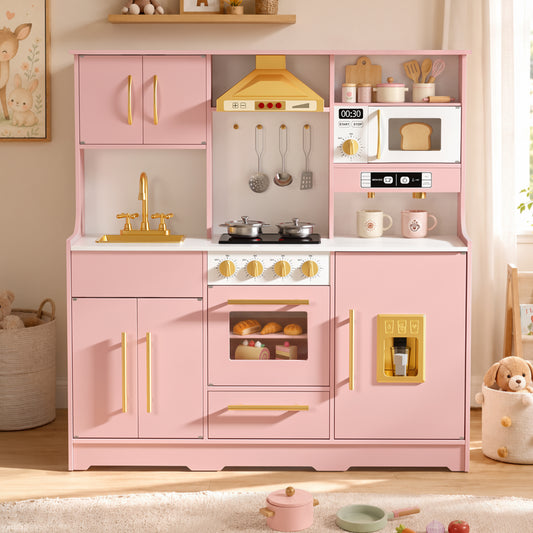 LINLUX Wooden Kids Kitchen Playset, Interactive Kitchen Toy with Sounds, Ice Maker & Oven, Pink