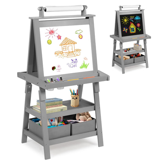 3 in 1 Kids Art Easel Double-Sided Magnetic Whiteboard Chalkboard Paper Roller, Grey