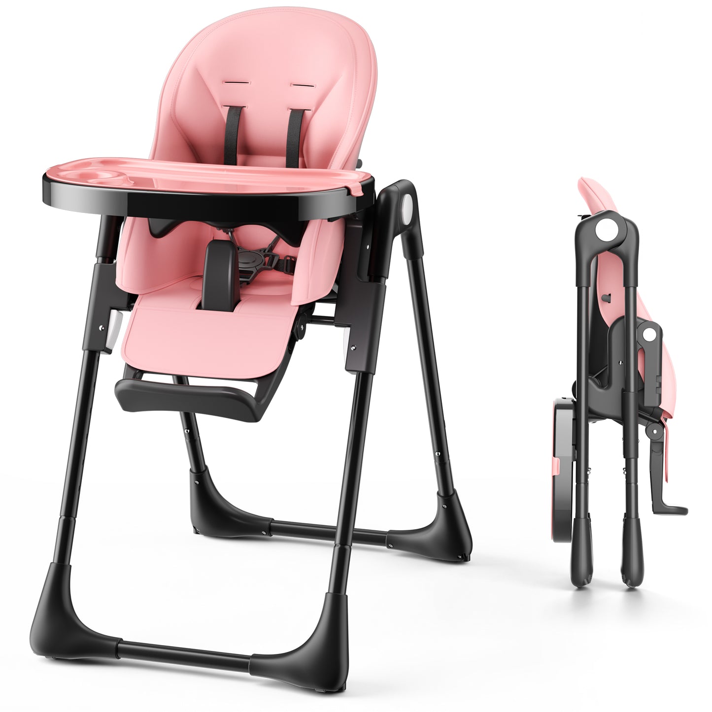 AILEEKISS Foldable High Chair for Baby, Toddler Eating Chair with Detachable Double Trays, Black Pink
