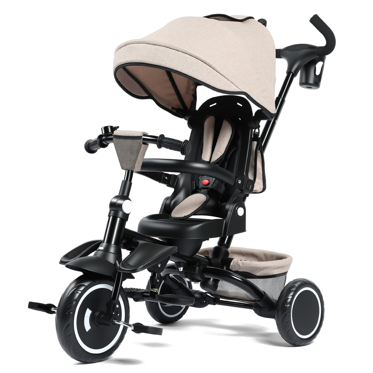 AILEEKISS 7-in-1 Kids' Tricycle with Push Handle, Foldable Trike Bicycles for Kids 1-5 Years, Khaki