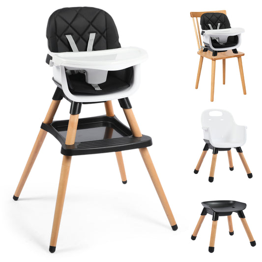 AILEEKISS 7 in 1 Wooden Baby High Chair Infant Feeding Chair with Removable Tray, Black