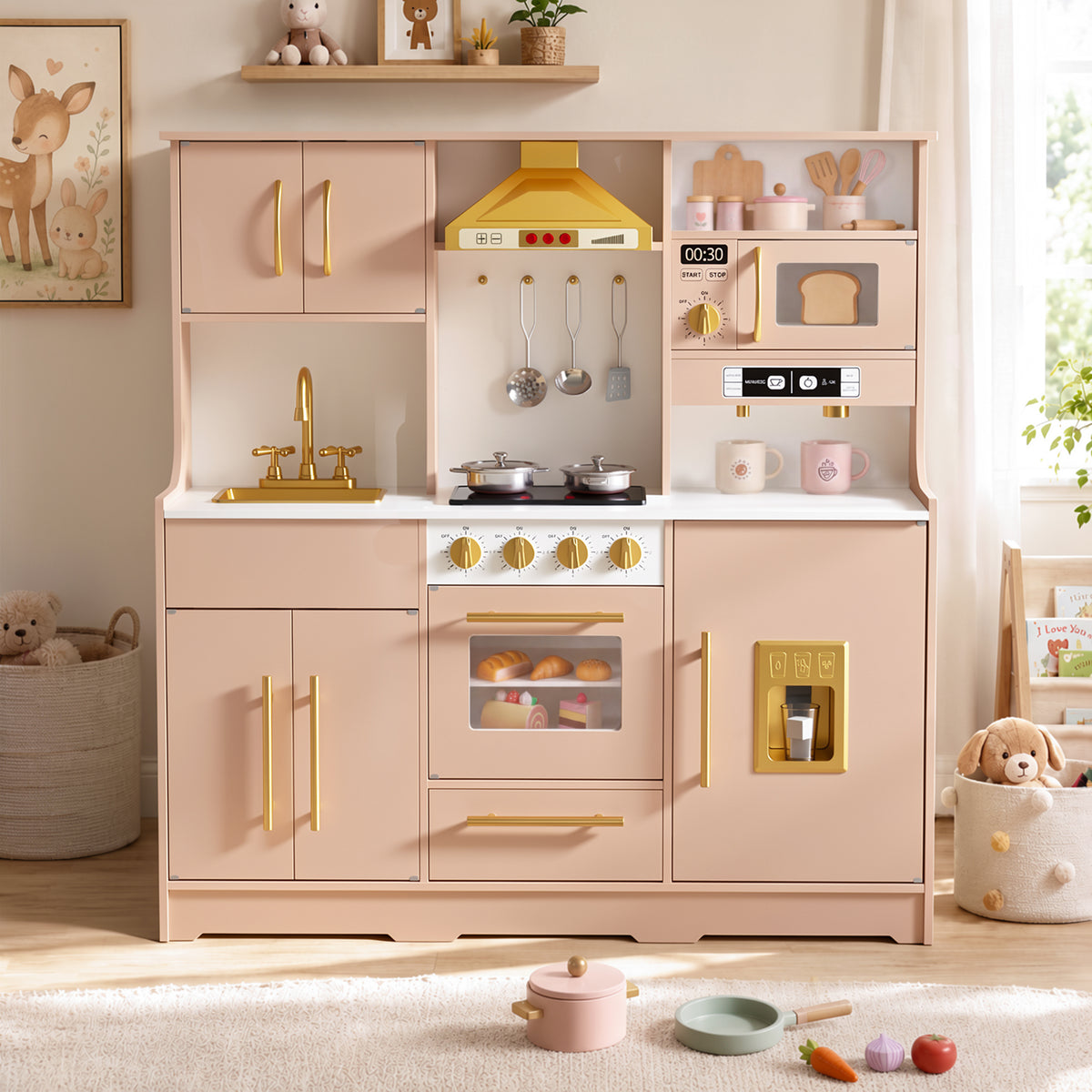 LINLUX Wooden Kids Kitchen Playset, Interactive Kitchen Toy with Sounds, Ice Maker & Oven, Orange