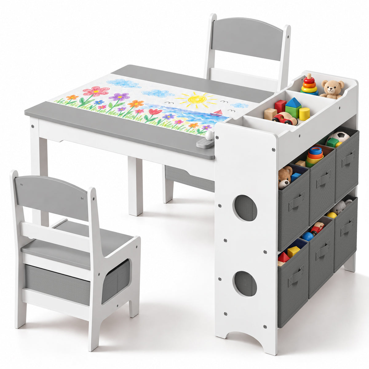 AILEEKISS Kids Table and Chair Set,Children Play Activity Desk for Drawing with 6 Drawers, Grey