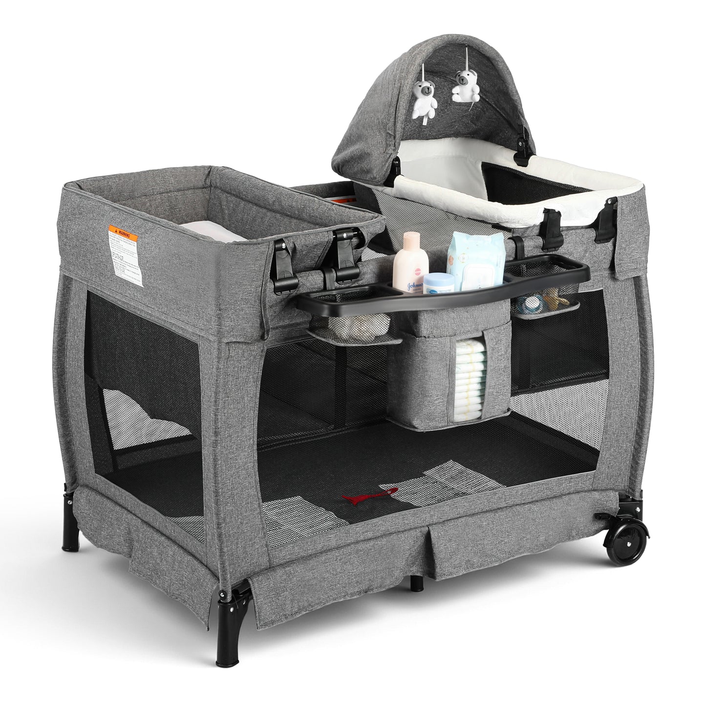 AILEEKISS 3-in-1 Foldable Baby Playard with Bassinet and Changing Table for Newborn, Grey