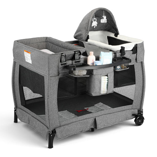 AILEEKISS 3-in-1 Foldable Baby Playard with Bassinet and Changing Table for Newborn, Grey